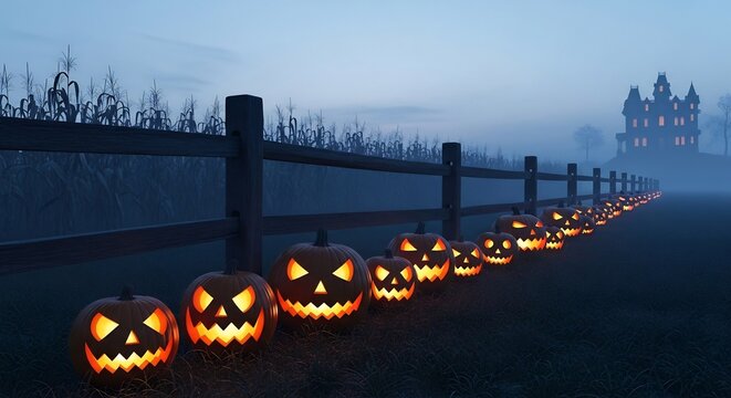 Halloween night scene featuring glowing jack-o'-lanterns along a fence leading to a spooky haunted house. Perfect for Halloween promotions, party invites and event graphics.