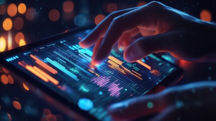 Hands interacting with a digital interface displaying financial data and analytics