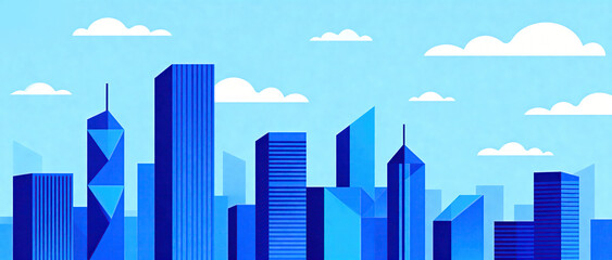An illustration of a modern city skyline featuring tall blue buildings under a blue sky with white clouds.