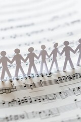 Modern Silhouette People Holding Hands on Sheet Music Premium Symbol of Harmony for Music Festival Marketing and Social Media Campaigns