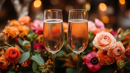 Two Champagne Flutes with Bubbles in Central Foreground, Background of Colorful Flowers (Orange/Peach/Pink/Red) & Bokeh Lights