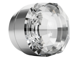 Decorative faceted crystal knob with a chrome threaded base on a transparent background