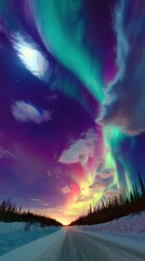 Obraz premium High-Quality Winter Northern Lights and Solar Eclipse Landscape Modern Adventure Content for Millennial Travel Marketing and Social Media Campaigns