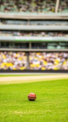 Naklejka premium Premium Professional Cricket Ball on Stadium Pitch with Crowd Background Modern Sports Competition Focus for Advertising and Social Media Campaigns