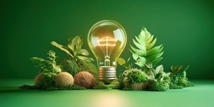 Digital illustration light bulb green background center surrounded Eco friendly lightbulb