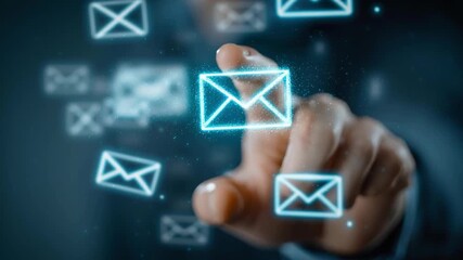 Digital mail icon hand technology communication email internet business innovation, glowing connection, futuristic touch screen, digital hand - Powered by Adobe