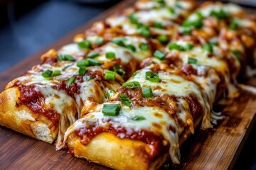 Freshly baked pizza wooden cutting board is rectangular Baguette. French bread
