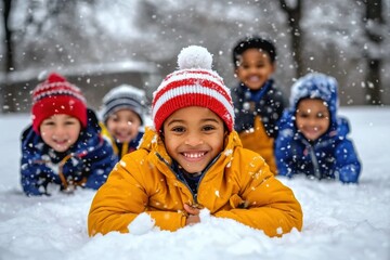 Group children playing snow There are six foreground of lying