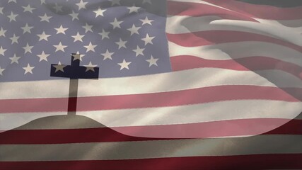 Animation starting dark cross on mound, stripes rippling, stars shifting, showing faith, patriotism - Powered by Adobe