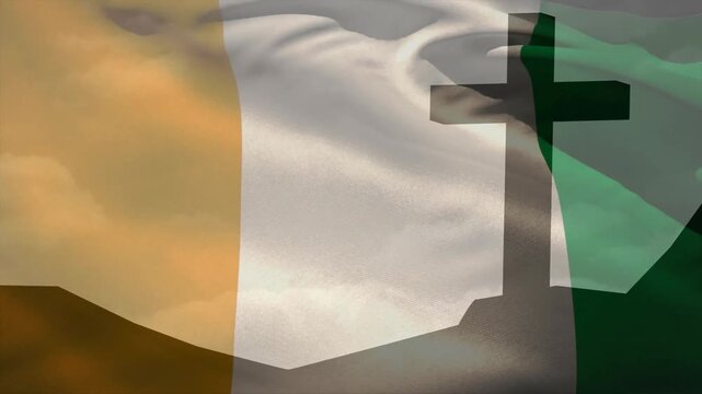 Light breeze starting, tricolor flag undulating and billowing, showing wind effect in cloudy sky - Powered by Adobe