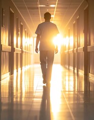 Fototapeta premium A person walks down a hospital corridor bathed in golden sunlight