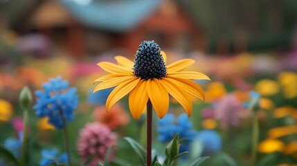 Shallow Depth-of-Field Close-Up of Vibrant Yellow Flower (Black-Eyed Susan) with Deep Blue Center, Colorful Blurred Background