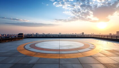 Rooftop Helipad at Sunset Over Modern City Skyline - Urban Architecture with Golden Hour Glow