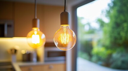 Kitchen two light bulbs hanging from ceiling are Energy conservation measures such