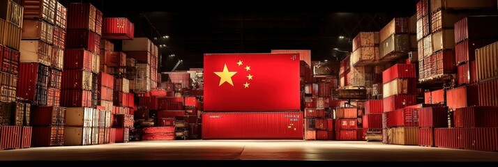 Large warehouse filled stacks red shipping containers of cardboard boxes