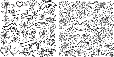 Hand-Drawn Hearts and Flowers Doodle Page