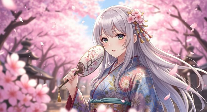 Beautiful anime girl in floral kimono holding a fan, surrounded by blooming cherry blossoms under bright spring sky.