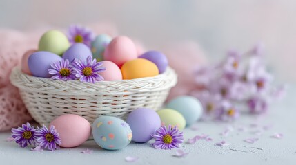 Pastel Easter eggs and spring flowers in delicate white basket