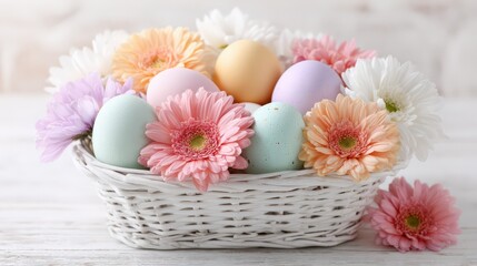 Pastel Easter eggs and spring flowers in delicate white basket