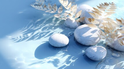 Serene skincare scene with white stones, water and kelp leaves