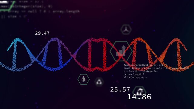 Color glow starting helix shifting, hex icons pulsing and metrics appearing visualizing data
