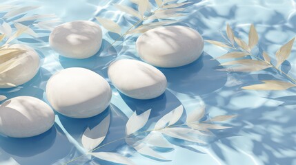 Serene skincare scene with white stones, water and kelp leaves