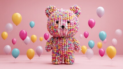 Colorful balloon bear sculpture in pastel pink minimal space