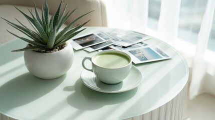 Flat lay modern table with matcha, camera, agave and wedding photos