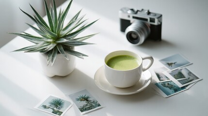Flat lay modern table with matcha, camera, agave and wedding photos