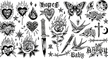 Collection of traditional tattoo flash art designs featuring hearts, roses, butterflies, daggers, swallows, flames, crosses, moons, stars, barbed wire, and lettering © Crushin