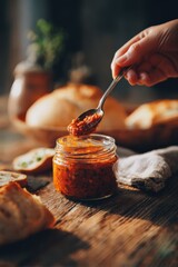 Hand dipping spoon into pizza sauce jar with bread top-down