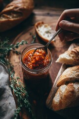 Hand dipping spoon into pizza sauce jar with bread top-down