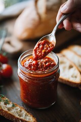 Hand dipping spoon into pizza sauce jar with bread top-down