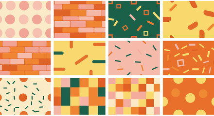 A collection of twelve seamless patterns featuring geometric shapes and abstract designs in a warm, autumnal color palette, perfect for graphic design and textile applications
