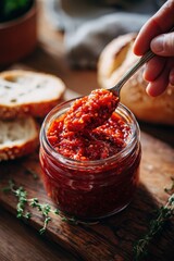 Hand dipping spoon into pizza sauce jar with bread top-down