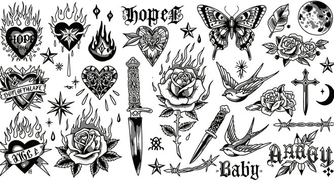Collection of traditional tattoo flash art designs featuring hearts, roses, butterflies, daggers, swallows, flames, crosses, moons, stars, barbed wire, and lettering