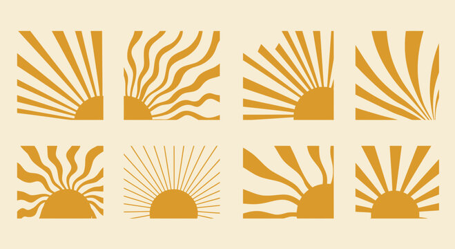 A curated collection of abstract and minimalist sun vector illustrations, featuring diverse artistic interpretations of radiating sunrays, perfect for contemporary graphic design projects