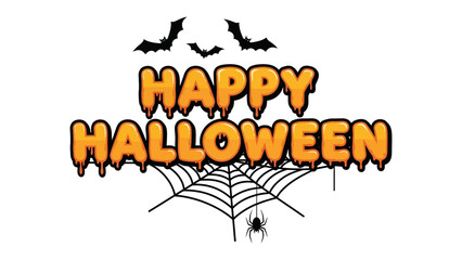 Happy Halloween Design: A festive and spirited digital image of 'Happy Halloween' embodies the essence of spooky season with bats, a spiderweb, and a spider, perfect for your creative projects.