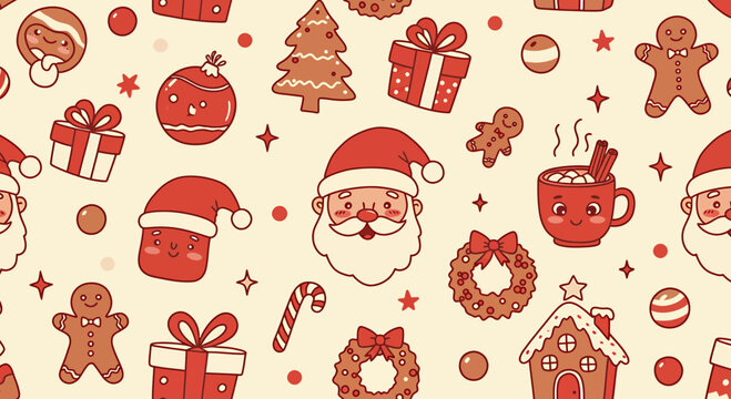 Seamless festive Christmas pattern featuring cute Santa Claus faces, gingerbread cookies, hot chocolate, and gift illustrations