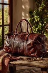 Luxurious brown leather bag with scarf sunglasses and jewelry on rustic table