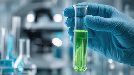 Gloved hand holding test tube with green liquid in lab