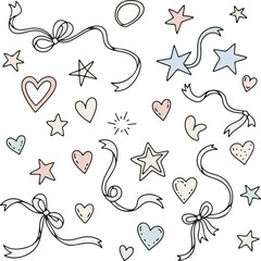 Whimsical Stars, Hearts and Ribbons Illustration on White