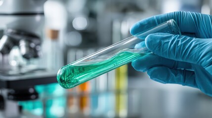 Gloved hand holding test tube with green liquid in lab