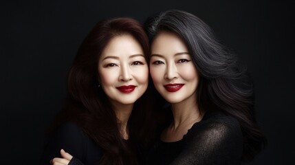Portrait two Asian women both long dark hair mature