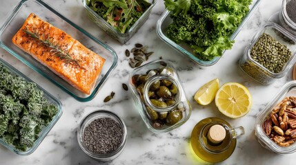 Overhead keto meal prep with low-carb food containers and ingredients