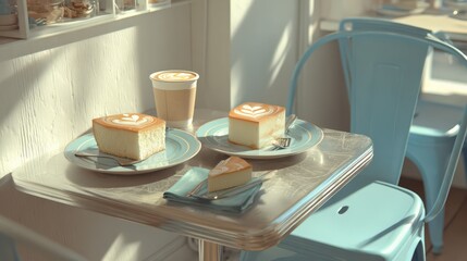 Minimal cafe table with cheesecake loaf and lattes