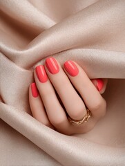 Elegant Hand with Coral Nails and Geometric Ring on Satin