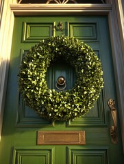 Freshly painted front door with hardware and wreath in golden hour
