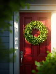 Freshly painted front door with hardware and wreath in golden hour