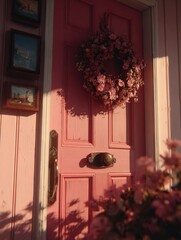 Freshly painted front door with hardware and wreath in golden hour
